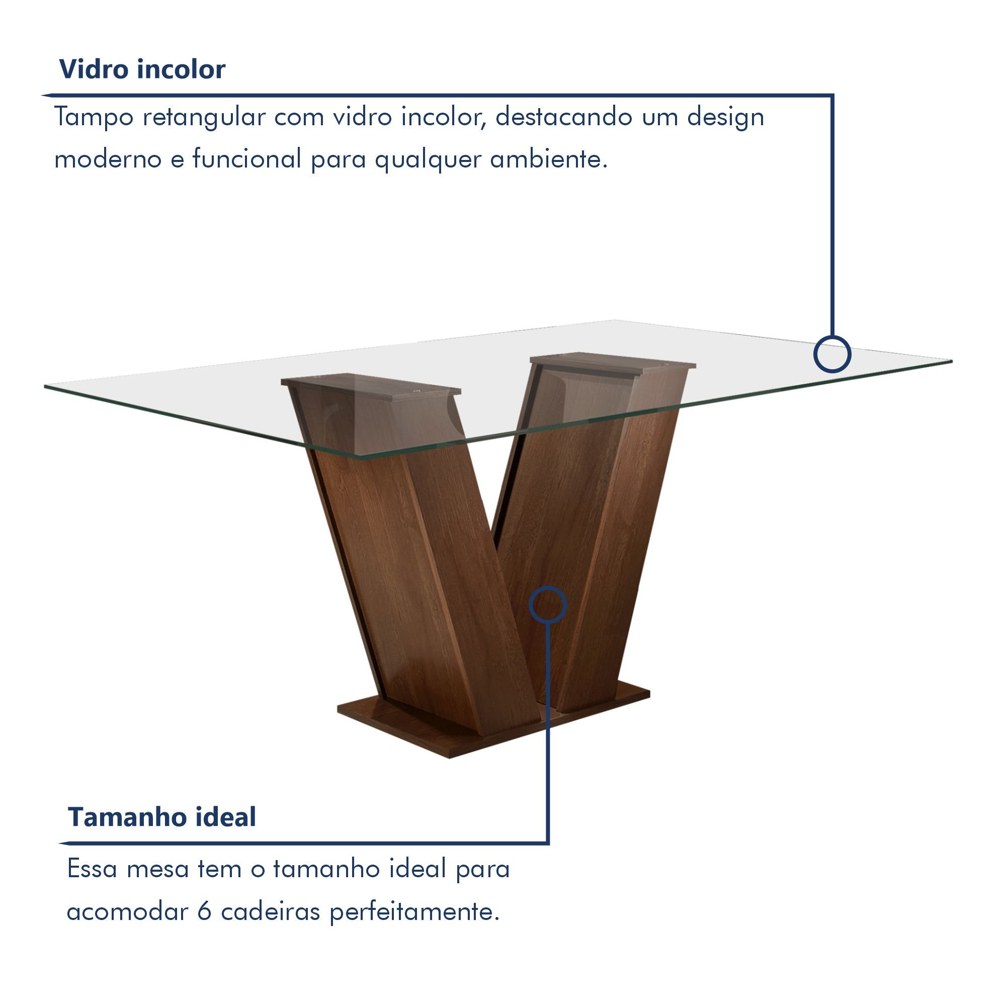 Conjunto Sala de Jantar Mesa Classic Tampo de Vidro 6 Cadeiras Vitória  - 4