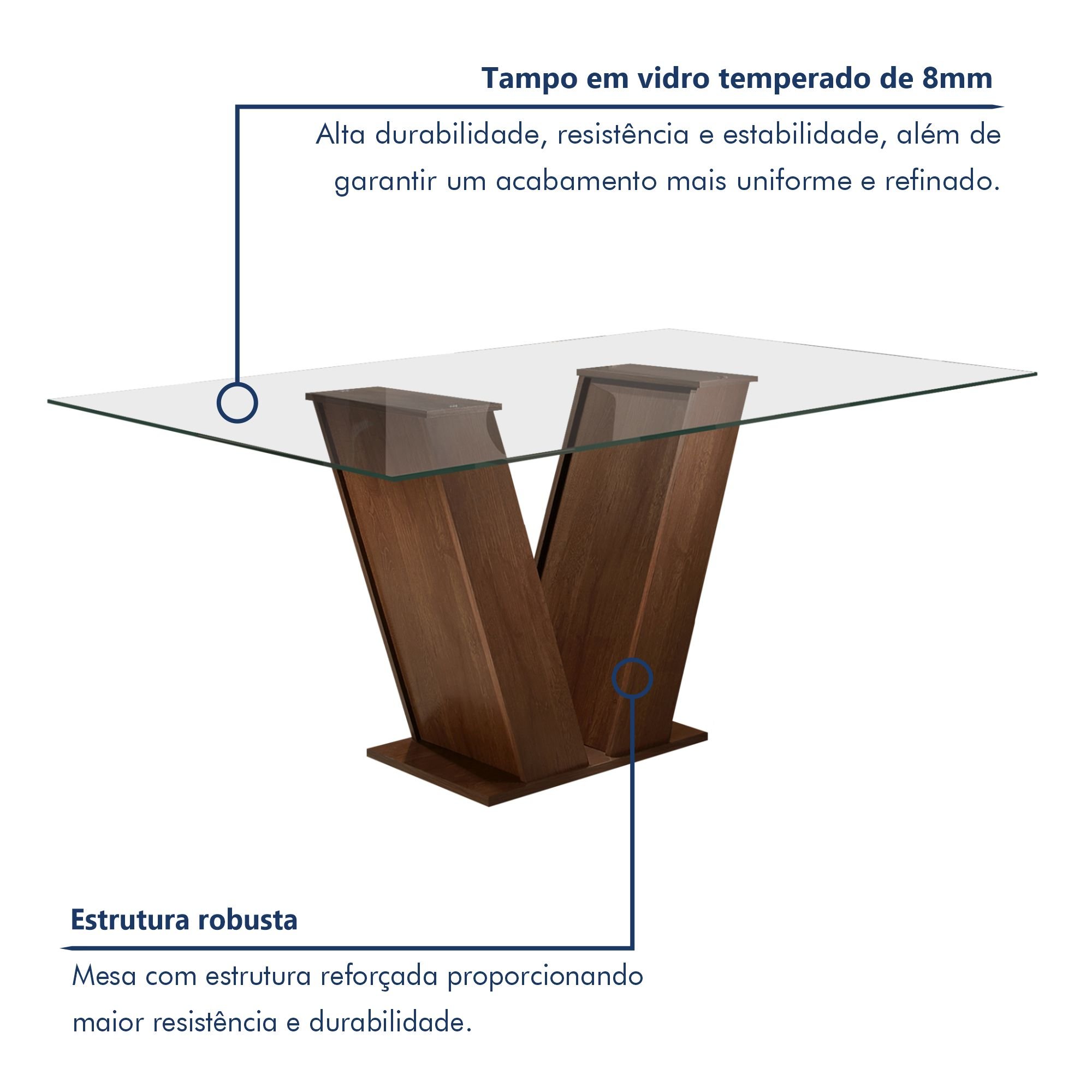 Conjunto Sala de Jantar Mesa Classic Tampo de Vidro 6 Cadeiras Vitória  - 2