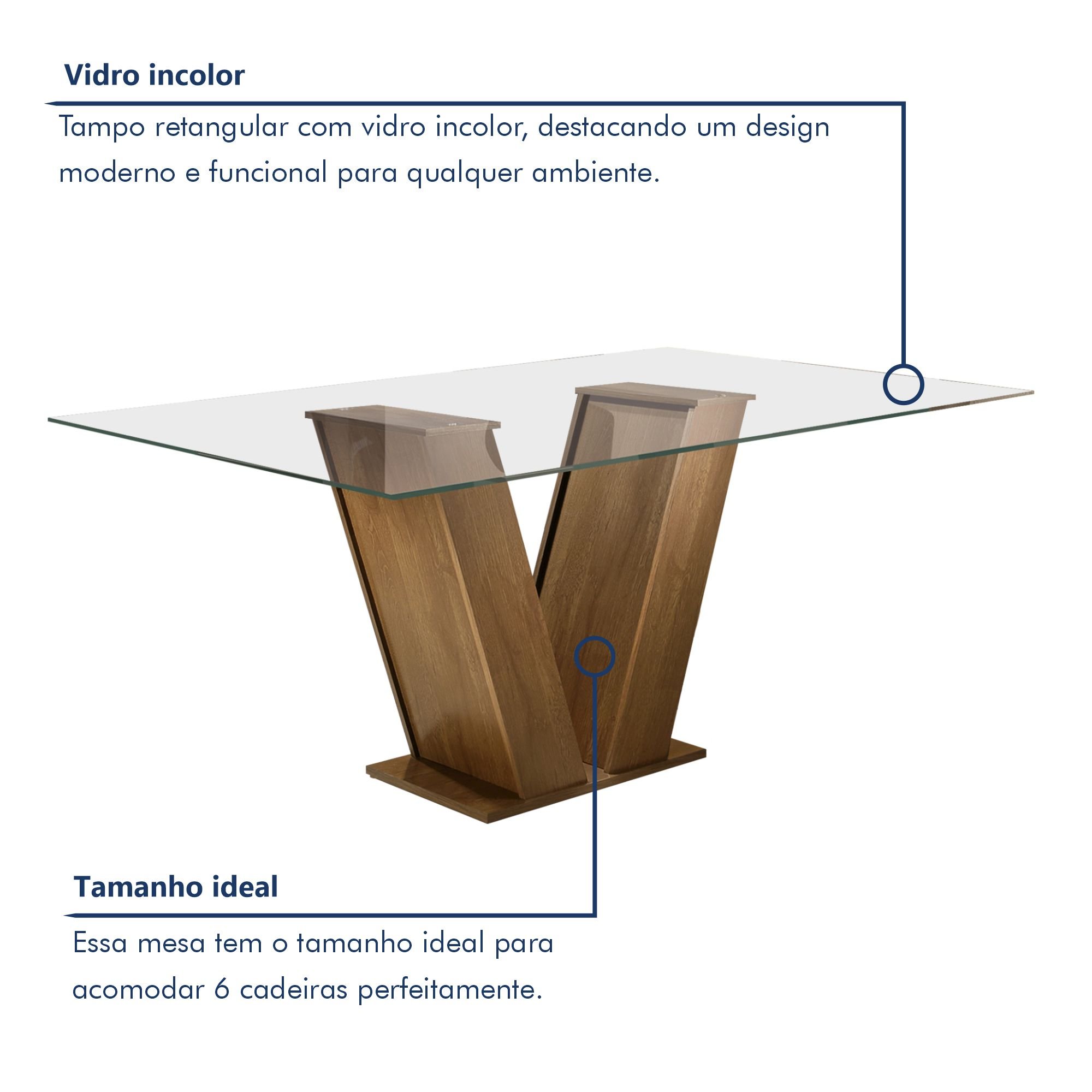 Conjunto Sala de Jantar Mesa Classic Tampo de Vidro 6 Cadeiras Vitória  - 4