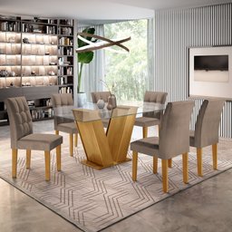 Conjunto Sala de Jantar Mesa Classic Tampo de Vidro 6 Cadeiras Vitória  - 1