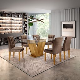 Conjunto Sala de Jantar Mesa Classic Tampo de Vidro 6 Cadeiras Vitória  - 1