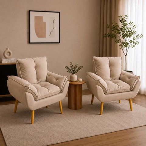 Kit 2 Poltronas Decorativa Estofada Sala Quarto Escritório Opala Madeira