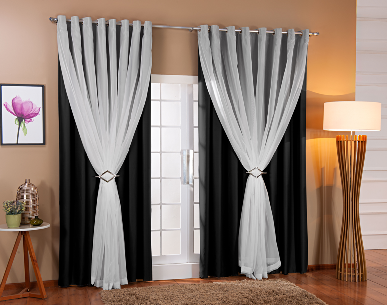 Cortina Voil C/ Forro Blackout Tecido 3,00x2,60 Sala E Quarto Preto/Branco