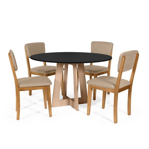 Mesa de Jantar Redonda Montreal Pret/jade com 4 Cadeiras Estofadas Ella Bege