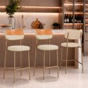 Ver imagem 1 de Kit 3 Banquetas Baixa Sala de Jantar Lisa Pés Champanhe Linho/PU Bege/Caramelo m² - Monari Design