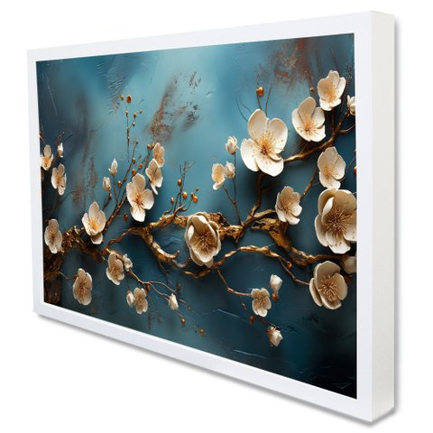 Quadro Decorativo Floral Luxo Hortências em Moldura Caixa Tacolado Moldura Caixa Alta 4,5cm Branca C