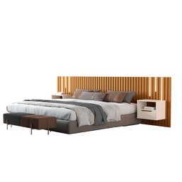 Cabeceira Ripado para Cama King Size Maracá Nature com 2 Mesa de Cabeceira Jatobá com Led Offwhite - - 4