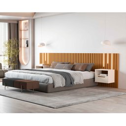 Cabeceira Ripado para Cama King Size Maracá Nature com 2 Mesa de Cabeceira Jatobá com Led Offwhite - - 3