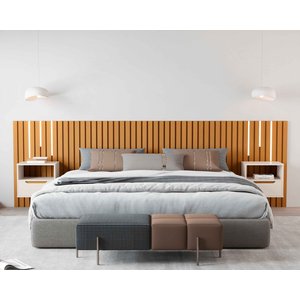 Cabeceira Ripado para Cama King Size Maracá Nature com 2 Mesa de Cabeceira Jatobá com Led Offwhite -