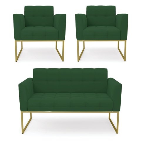 Kit 1 Sofá Namoradeira e 2 Poltronas Elisa Veludo Base Metálica Industrial Dourado - D'Rossi Verde