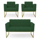 Ver imagem 1 de Kit 1 Sofá Namoradeira e 2 Poltronas Elisa Veludo Base Metálica Industrial Dourado - D'Rossi Verde