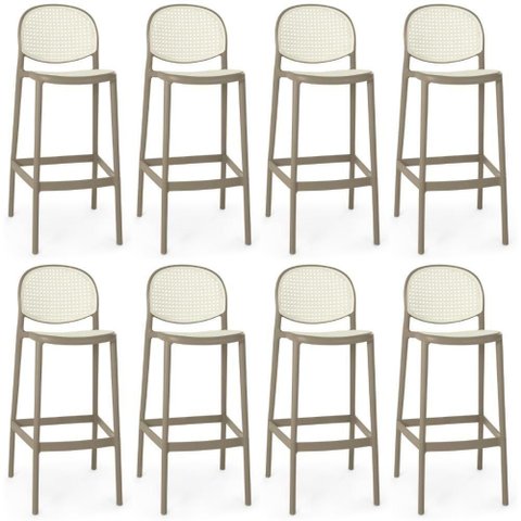 Kit 8 Banqueta Alta com Encosto Roma em Polipropileno - Branco/cinza Escuro