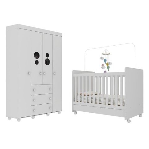 Berço Americano 3 em 1 com Rodízios e Guarda-roupa Pimpolho Multimóveis Mp4386 Branco