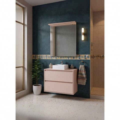 Gabinete para Banheiro Rosa Dubai 1 Porta 1 Gaveta MDF 80cm Rosa com Cuba e Espelho LED On Móveis