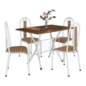 Conjunto de Mesa Bruna com 4 Cadeiras Tampo Bp 91cm Branco Liso Assento Rattan Artefamol