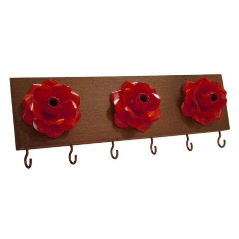 Porta Chave com Madeira de Parede com 03 Flores Decorativo Libertas Rosas Artesanato Vermelho
