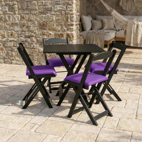 Kit 5 Jogos de Mesa Dobráveis 70x70cm com 20 Cadeiras Madeira Maciça Imbuia Preto/Roxo