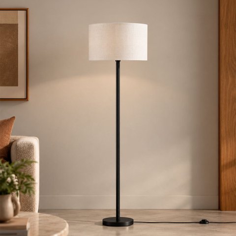Luminária de Chão Piso Abajur Altura 1,6m Alumínio com Cúpula Redonda Ref 88 Preto Cup Bege