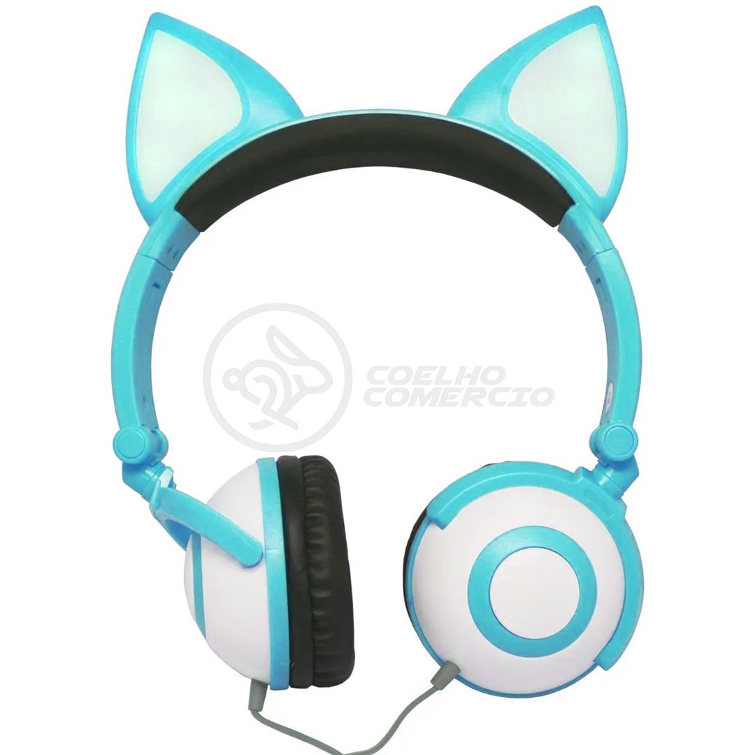 Fone de Ouvido Gatinho Fox Sem Fio Com Led Orelha Gato Dobrável Infantil  Microfone H'Maston - Azul