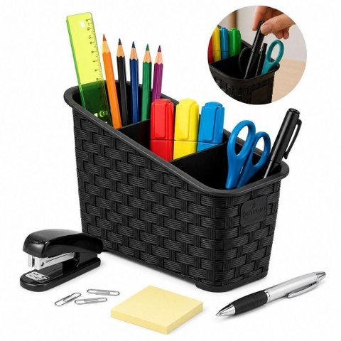 Organizador Mesa Bancada Rattan Multiuso Preto 3 Divisorias Porta Treco Objetos Escritorio Cozinha