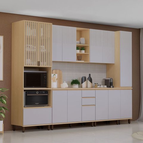 Cozinha Completa 100% MDF 6 Peças com Espaço para Micro-Ondas e Tampo 310cm Aura Luciane Móveis
