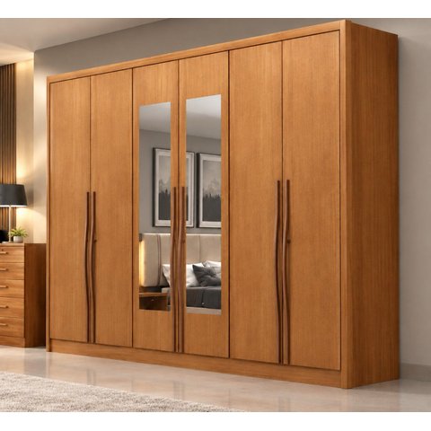 Guarda-Roupa Casal 6 Portas 6 Gavetas com Espelho 100% MDF Reno 276x236cm Marrom/Cinamomo