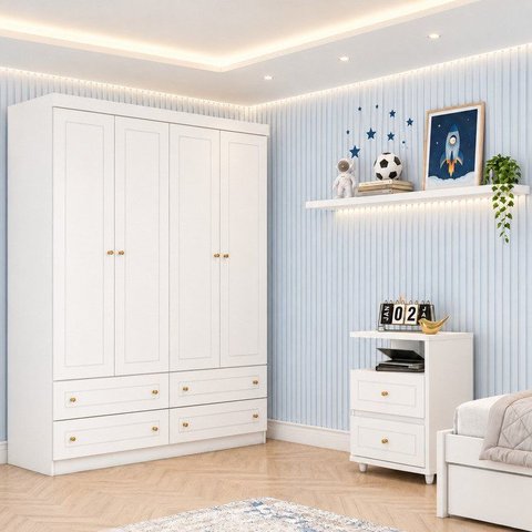 Conjunto Quarto Juvenil Americano com Guarda-Roupa 4 Portas Branco