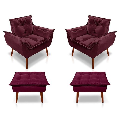 Kit C-02 Poltronas Opala + 02 Puff Opala Elegante Suede Bordo