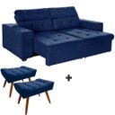 Ver imagem 1 de Sofá 3 Lugares New Itália 2,10m Retrátil, Reclinável, com 2 Puffs Pés Palito, Azul