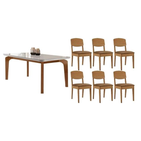 Conjunto: Mesa Sala Jantar Londrina C/ Tampo Madeirado C/ Vidro Canto Curvo 180x90cm e 6 Cadeiras