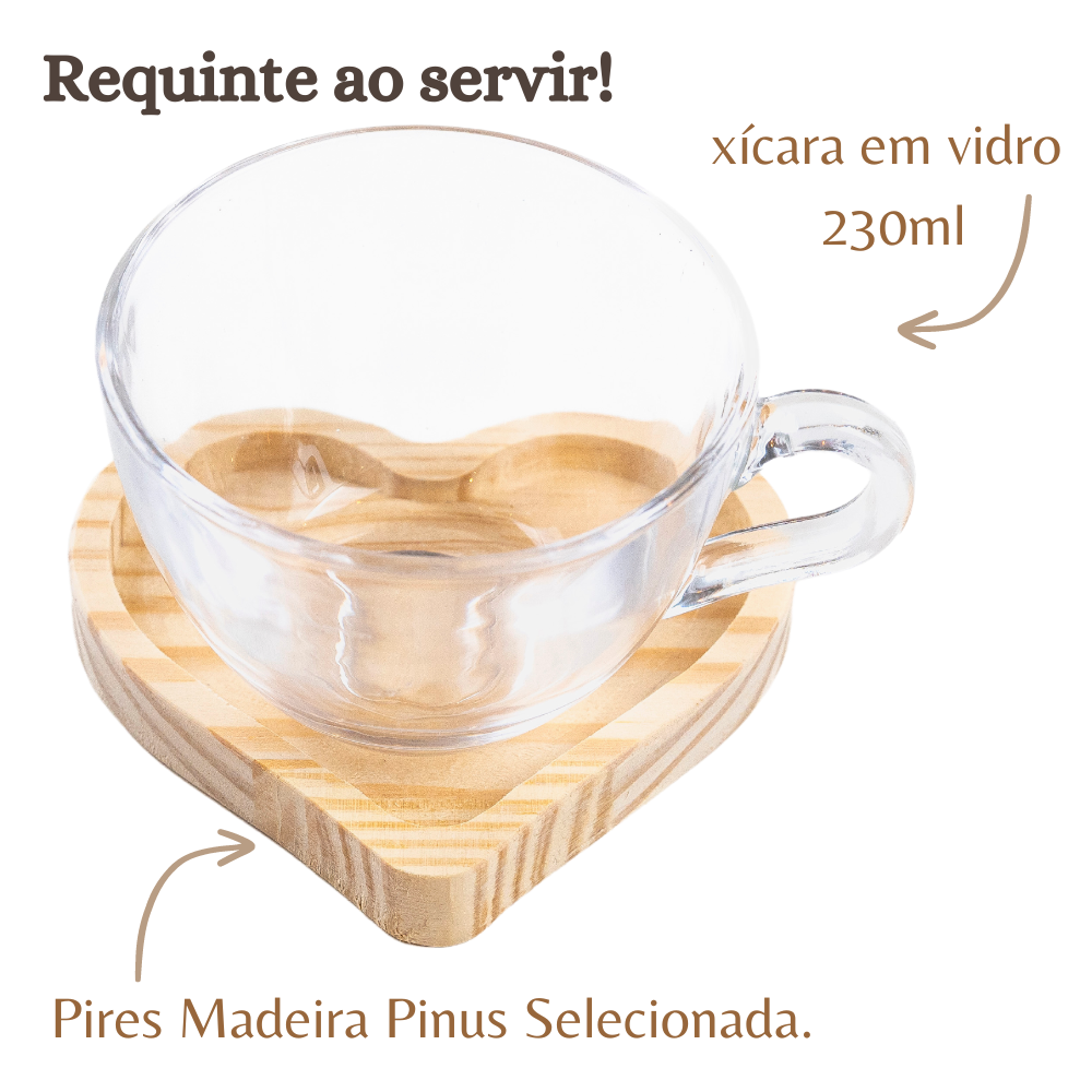 Jogo Xícara Pires Madeira Coração Mesa Posta Cafe da Manha - 2