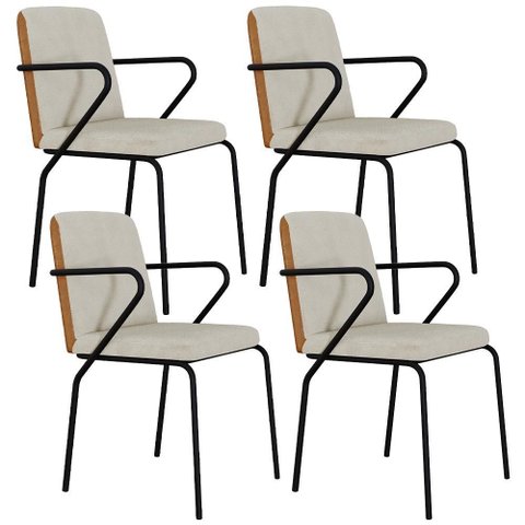 Kit 04 Cadeiras Estofada para Sala de Jantar com Braço Loft Preto C01 Bouclê Vanilla Courino