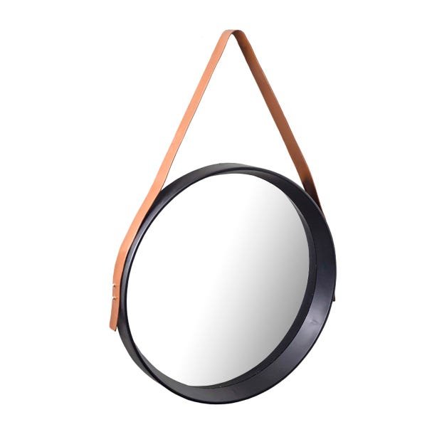 Espelho Design Redondo Preto com Alça Couro 39x39cm