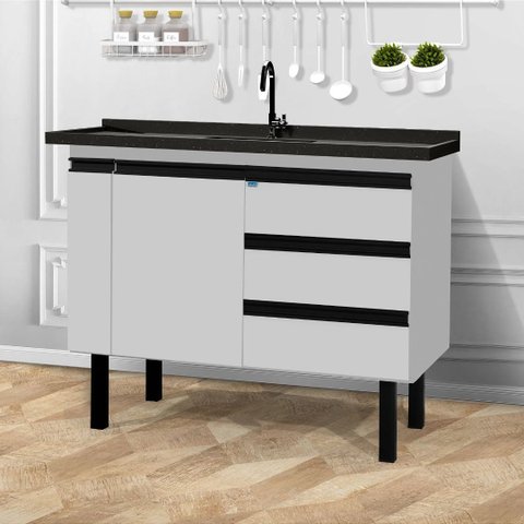 Gabinete de Cozinha 3 Gavetas Armário de Pia 1 Porta 114cm:Branco