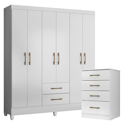 Guarda Roupa Casal Panamá e Cômoda Ms913 Branco Brilho – Moval