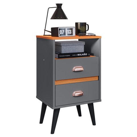 Mesa de Cabeceira Retrô Mesinha Pequena Canto Quarto Apoio Cama Gavetas Nicho Cinza/Cinamomo-RPM