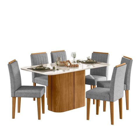 Conjunto Sala de Jantar Mesa Serena 160x90 6 Cadeiras Ana Ype/offwhite/bouclé Cinza