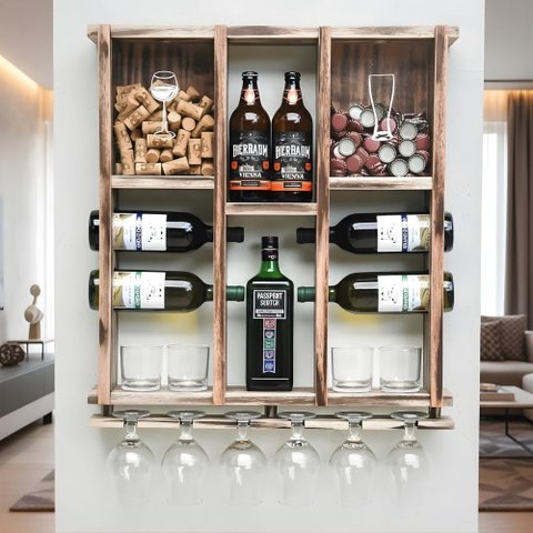 Barzinho de Madeira Porta Rolhas, Tampinhas e Taças- Rústico