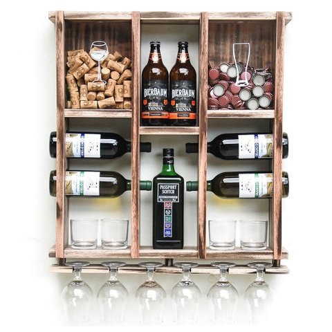 Barzinho de Madeira Porta Rolhas, Tampinhas e Taças- Rústico