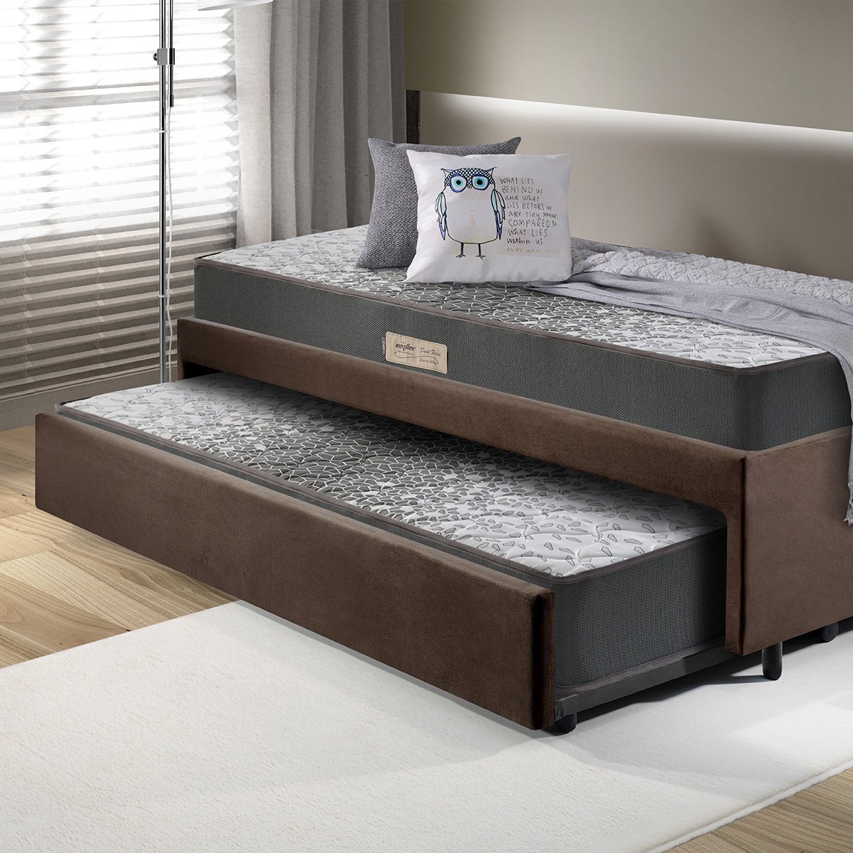 Bicama Box Solteiro 88x188 Suede Marrom com Dois Colchões de Espuma Dual Firm Ecoflex - 1