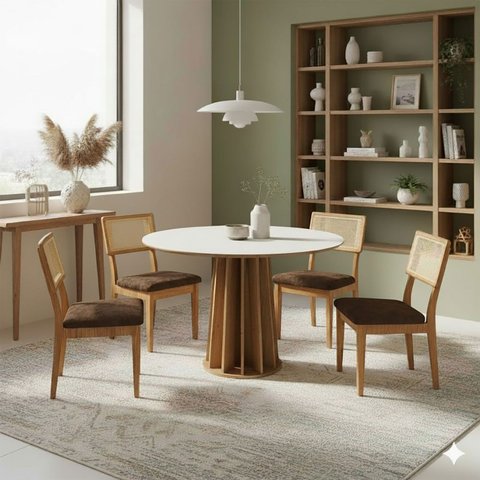 Mesa de Jantar Base Ripada 105cm com 4 Cadeiras 100% Mdf Cor:off White com Freijó e Veludo Slim