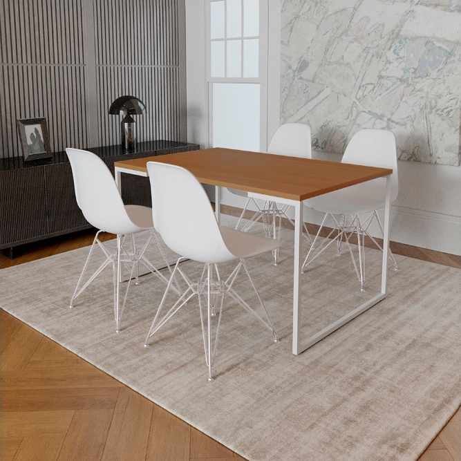 Mesa Industrial Base Ferro Branco Tampo 137x90 Canela 4 Cadeiras Eames Ferro Branco Assento Branco - 1