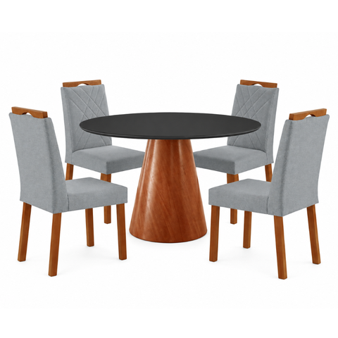 Conjunto Sala de Jantar Mesa Gênova 110cm Tampo Redondo Vidro Preto com 4 Cadeiras
