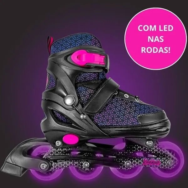 Patins Inline 4 Rodas Ajustavel 38-41 Laser LED e Freio PRETO/ROSA Unitoys - 4