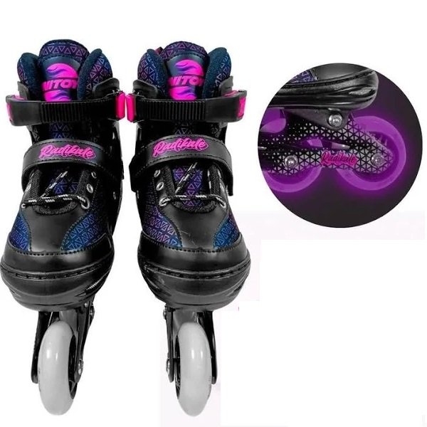 Patins Inline 4 Rodas Ajustavel 38-41 Laser LED e Freio PRETO/ROSA Unitoys - 3