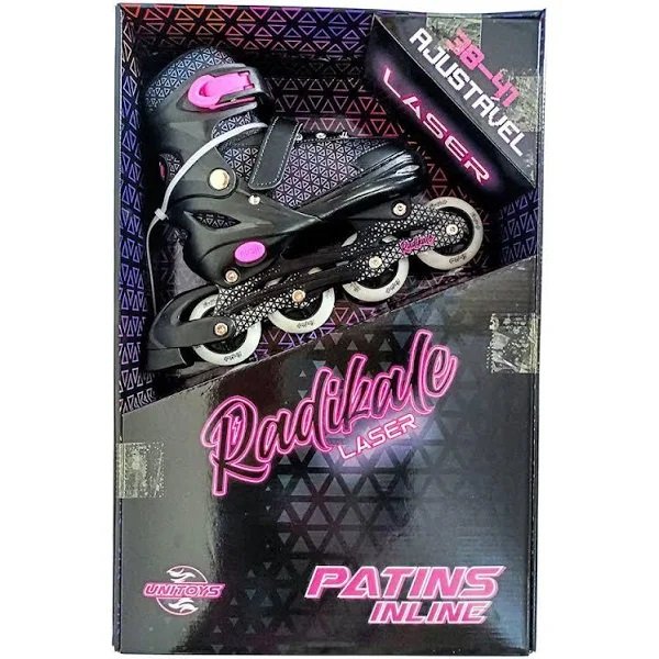 Patins Inline 4 Rodas Ajustavel 38-41 Laser LED e Freio PRETO/ROSA Unitoys