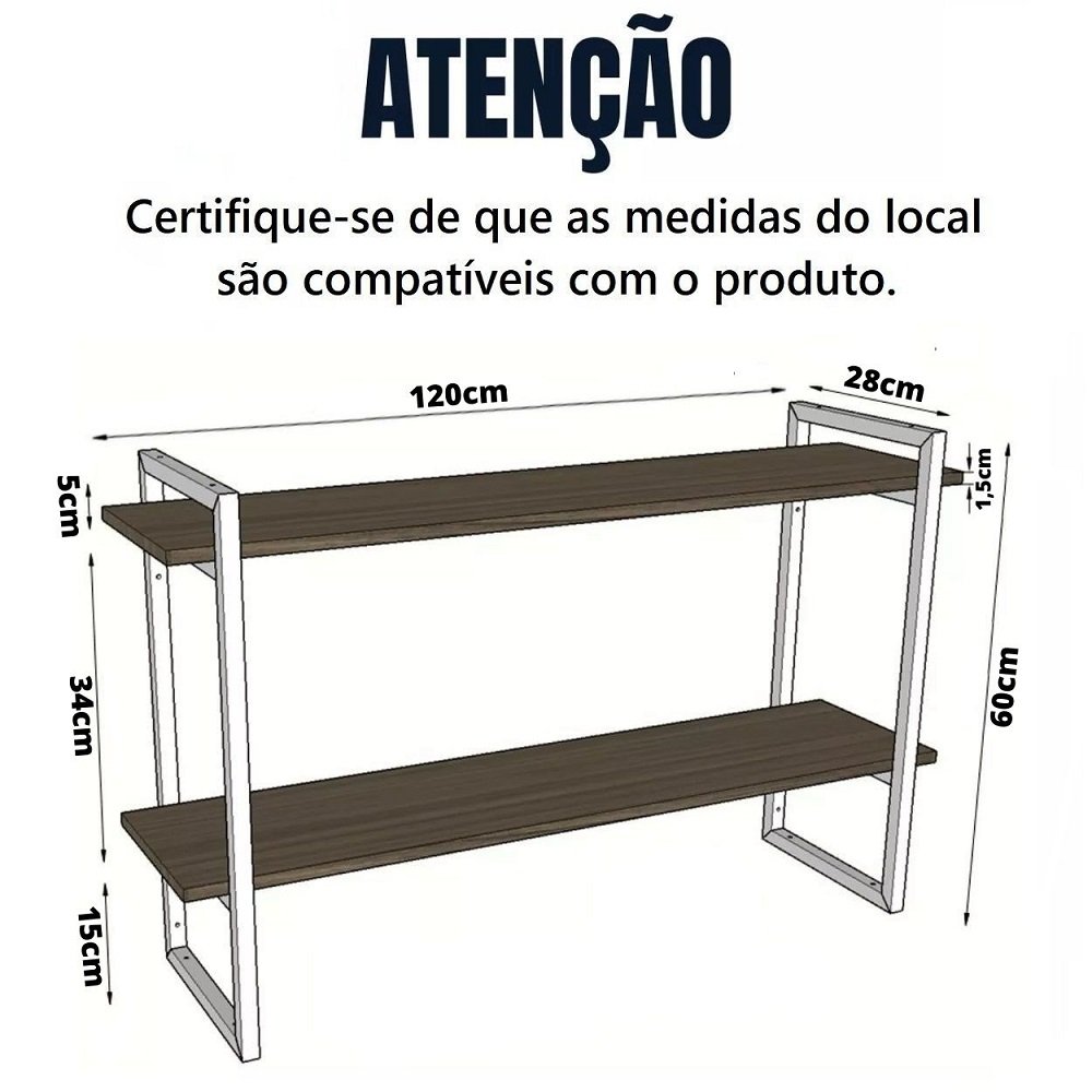 Prateleira Suspensa Estilo Industrial Suporte Nicho de Parede Mdf 120cm para Cozinha Quarto Sala - 9