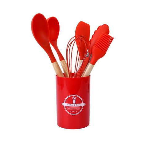 Jogo com 7 Peças de Silicone Vermelho com Cabo de Madeira