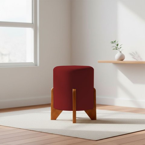 Puff Decorativo Eloah Redondo Assento Extra para Sala Quarto Suede Pufe com Pés de Madeira