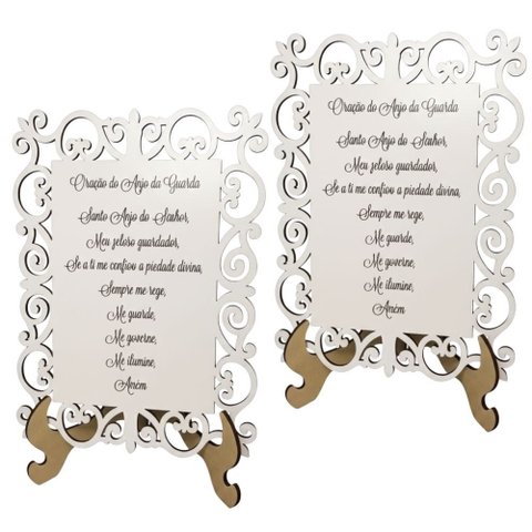 Kit 2 Quadros Decorativo MDF 20cm x 28cm para Sala de Estar Oração Anjo da Guarda M01 Branco e Cru -